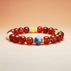 Solar Crest five element crystal bracelet with white jade, dumortierite, grape chalcedony, red agate, and yellow calcite for luck and career growth.