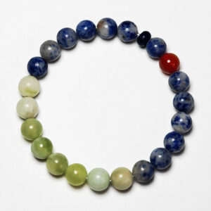 Fortune Rise zodiac crystal bracelet with blue aventurine, grape chalcedony, dumortierite, and red agate for Pisces, Cancer, Leo, and Sagittarius.