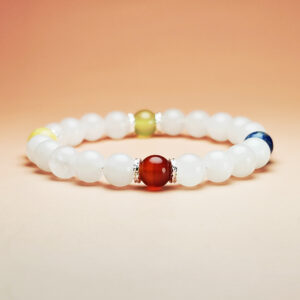 Aurora Ledger five element crystal bracelet with white jade, dumortierite, grape chalcedony, red agate, and yellow calcite for career and wealth.