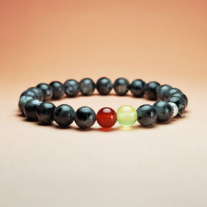 Starflow Charm zodiac crystal bracelet with black labradorite, grape chalcedony, and red agate for Pisces, Cancer, Leo, and Sagittarius.