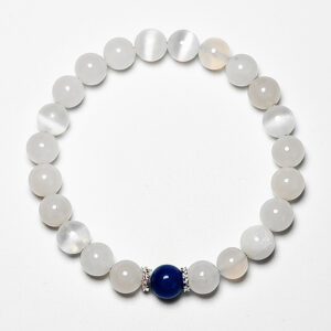 Auric Current zodiac crystal bracelet with white selenite, white agate, and blue aventurine for Virgo, Libra, Scorpio, and Pisces.