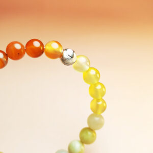 Aurora Forge crystal bracelet with green grape agate, red vein agate, and yellow agate for wealth, career success, and stability.