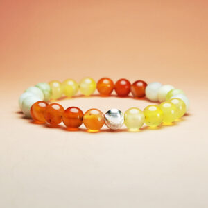 Aurora Forge crystal bracelet with green grape agate, red vein agate, and yellow agate for wealth, career success, and stability.