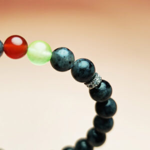 Starflow Charm zodiac crystal bracelet with black labradorite, grape chalcedony, and red agate for Pisces, Cancer, Leo, and Sagittarius.