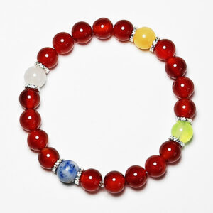 Solar Crest five element crystal bracelet with white jade, dumortierite, grape chalcedony, red agate, and yellow calcite for luck and career growth.