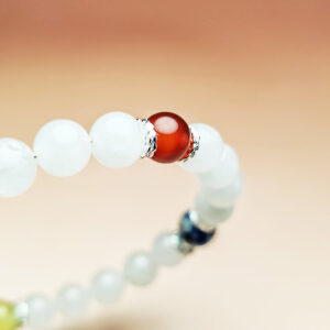 Aurora Ledger five element crystal bracelet with white jade, dumortierite, grape chalcedony, red agate, and yellow calcite for career and wealth.