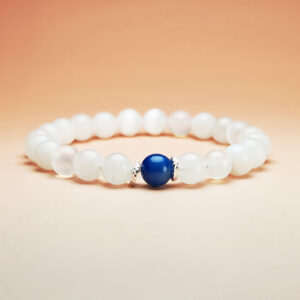 Auric Current zodiac crystal bracelet with white selenite, white agate, and blue aventurine for Virgo, Libra, Scorpio, and Pisces.