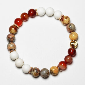 Cindercrest crystal bracelet with red agate, crazy agate, and white howlite for wealth, career success, and protection.