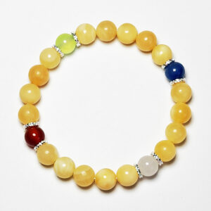 Celestial Ascent zodiac crystal bracelet with grape chalcedony, blue aventurine, blue-spot dumortierite, and red agate for Pisces, Cancer, Leo, and Sagittarius.