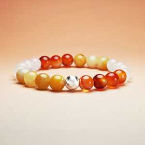 Ember Vault crystal bracelet with red agate, yellow jade, and white agate for wealth, stability, and protection.