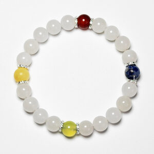 Aurora Ledger five element crystal bracelet with white jade, dumortierite, grape chalcedony, red agate, and yellow calcite for career and wealth.