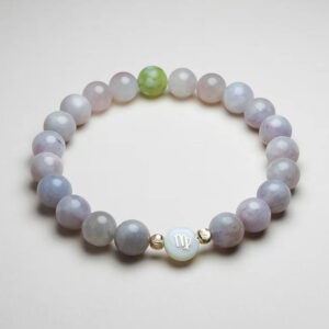 Virgo Auroria zodiac bracelet with green grape calcite, lepidolite, and Virgo-engraved pearl for healing and renewal.