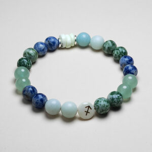 Sagitta Viridis zodiac bracelet with Amazonite, Dumortierite, Green Aventurine, and Sagittarius-engraved pearl.
