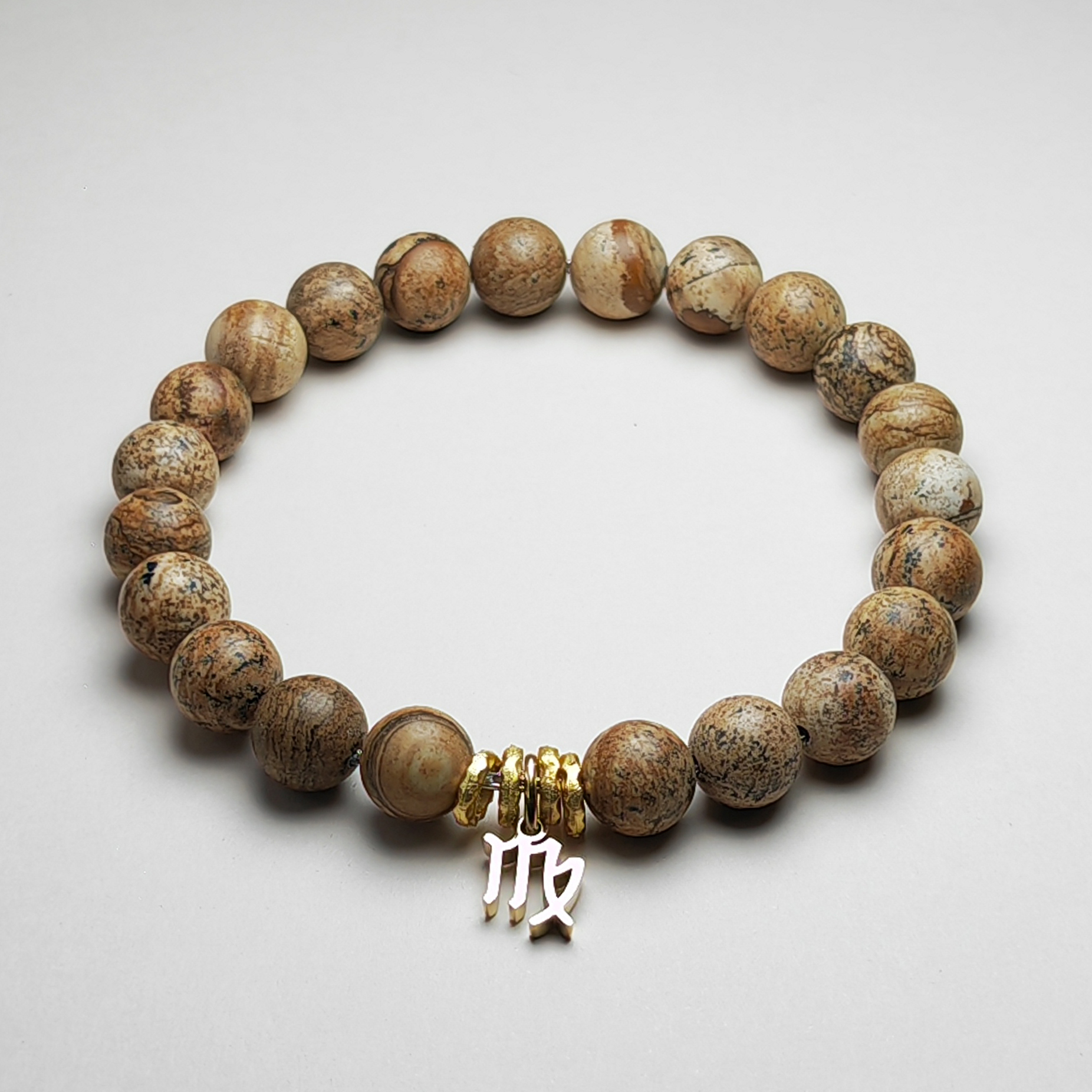 Terra Scribe picture jasper zodiac bracelet with Virgo pendant for grounding and clarity.