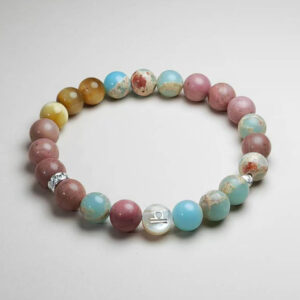 Libra Ignara zodiac bracelet with rhodochrosite, shoushan stone, and tiger’s eye for balance and prosperity.