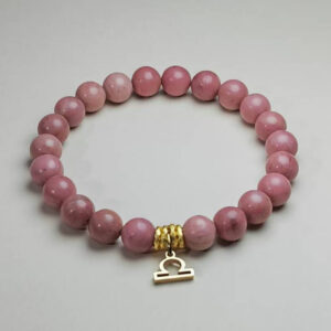 Libra Harmonia rhodochrosite zodiac bracelet with Libra pendant for harmony, love, and prosperity.