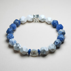 Gemini Aether zodiac bracelet with sodalite, white turquoise, and engraved pearl for clarity and balance.