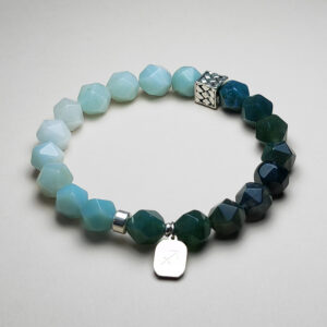 Sagitta Verda Sagittarius zodiac bracelet with Amazonite and Green Moss Agate for growth and courage.